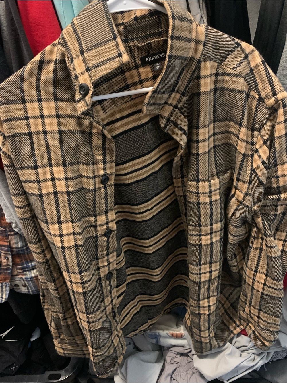 Express Tan and Black Plaid Button-Down Shirt